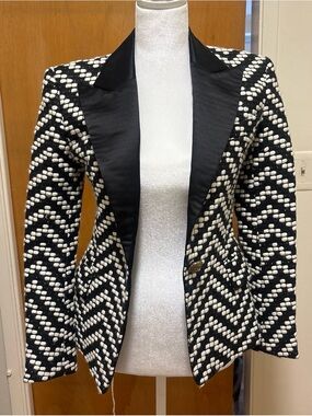 Balmain Black and White Chevron Textured Blazer